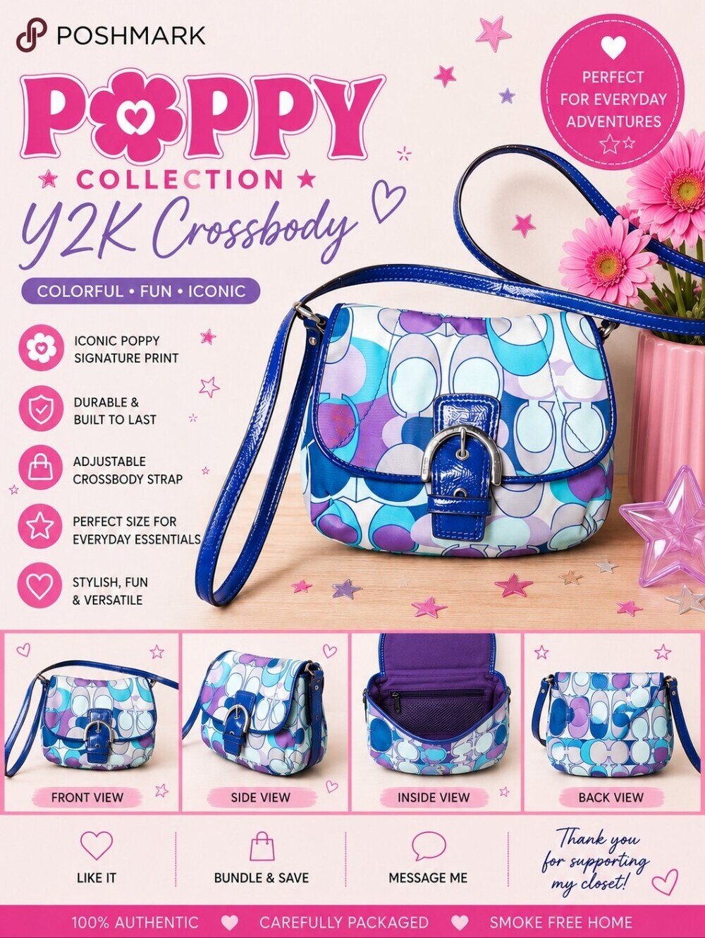 Coach Poppy Signature C Multicolor Crossbody Flap Bag Blue Y2K